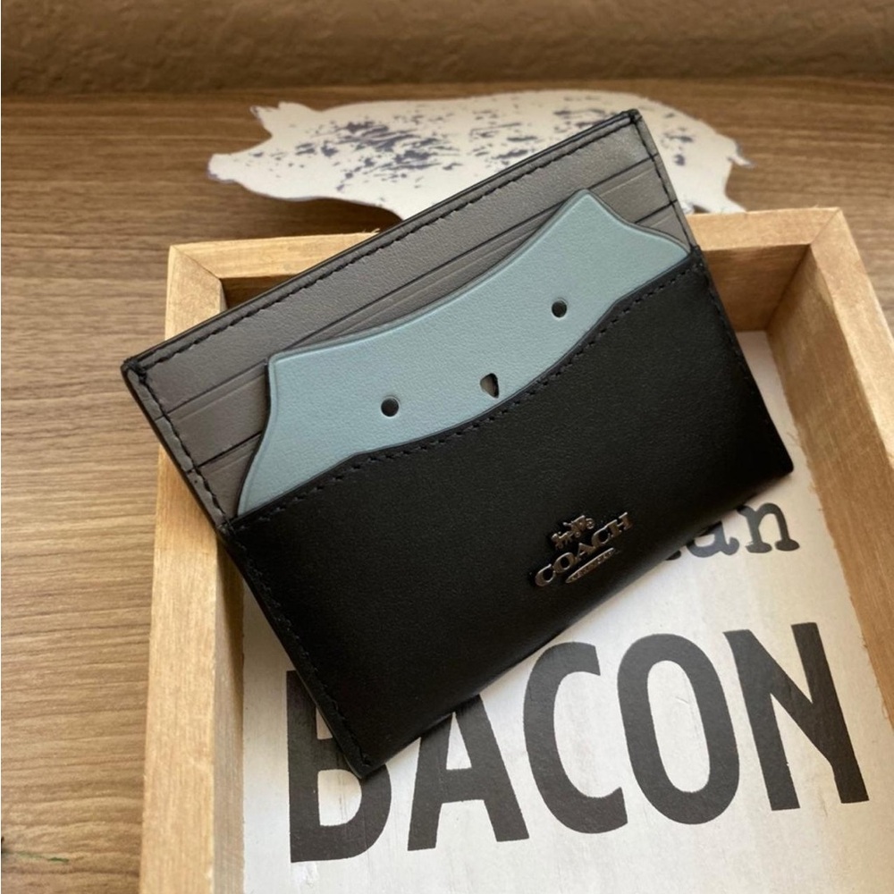 Coach card case with owl details animal theme black blue small wallet two tone